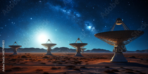 Giant radio telescopes under starry sky searching cosmic signals in desert, symbolizing extraterrestrial exploration and astronomy research