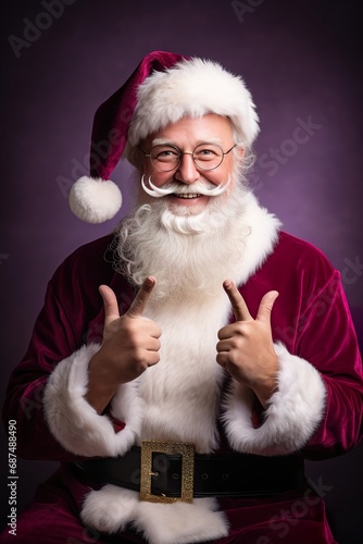 Jolly Santa Claus giving a peace sign, against a serene purple studio background