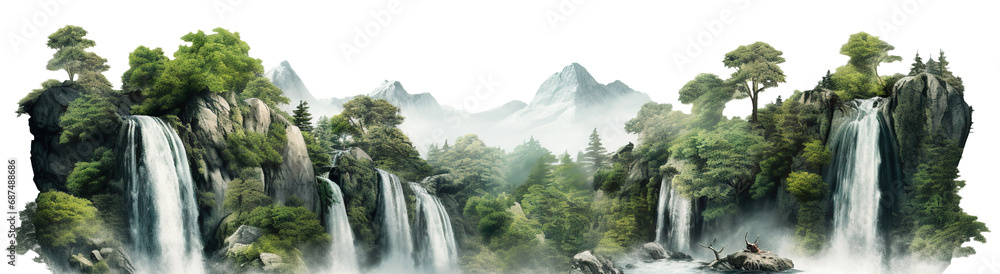 Cascading waterfalls in a lush green place, cut out - obrazy, fototapety, plakaty 