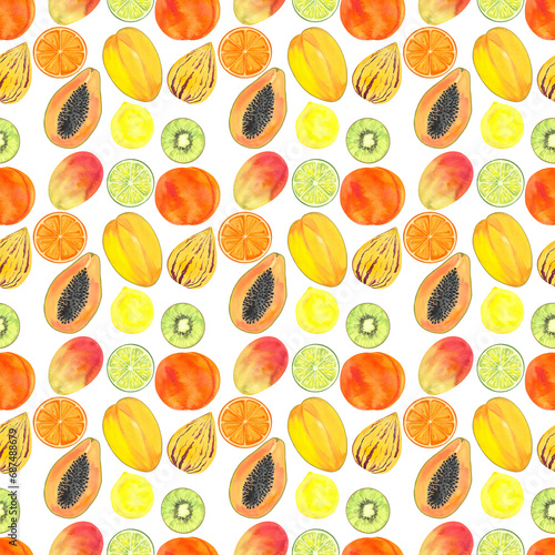 pattern of exotic fruits  hand drawn in watercolors  print for paper and fabric. Drawing of fruits for a store sign