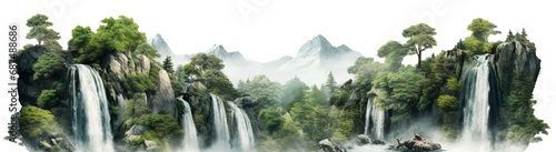 Cascading waterfalls in a lush green place, cut out © Yeti Studio