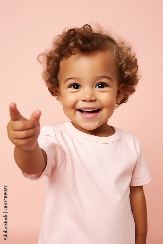 Toddler pointing to the side with a bright smile, against a soft pink studio background Toddler pointing to the side with a bright smile, against a soft pink studio background