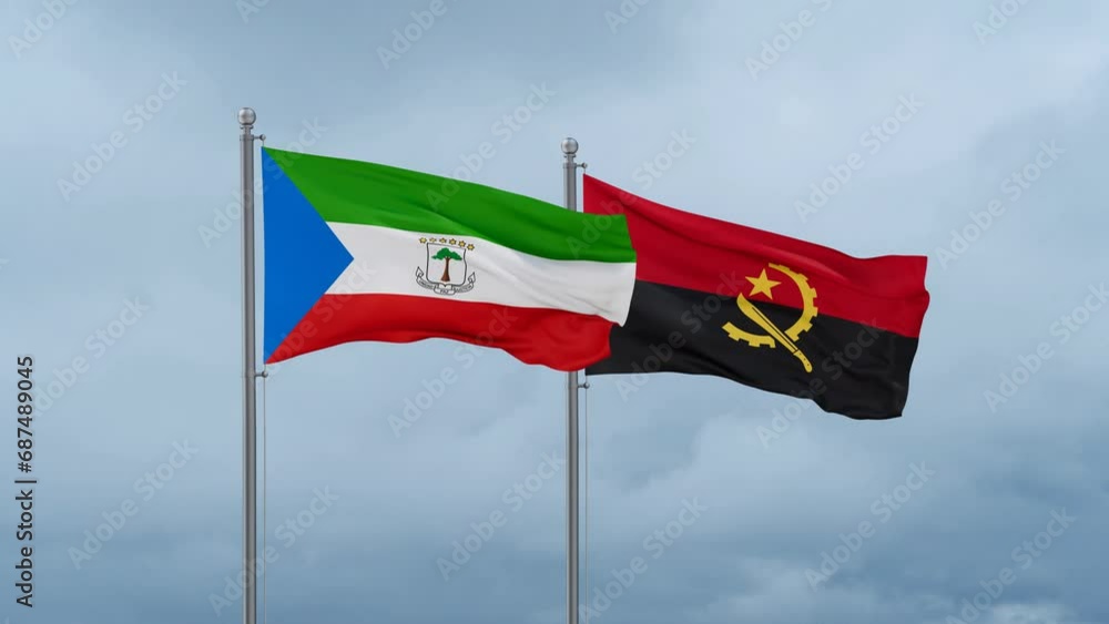 Equatorial Guinea flag and Angola flag waving together on cloudy sky, endless seamless loop Equatorial Guinea flag and Angola flag waving together on cloudy sky, endless seamless loop