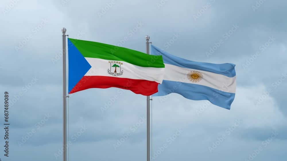 Argentina flag and Equatorial Guinea flag waving together on cloudy sky, endless seamless loop, two country relations concept Argentina flag and Equatorial Guinea flag waving together on cloudy sky, endless seamless loop, two country relations concept