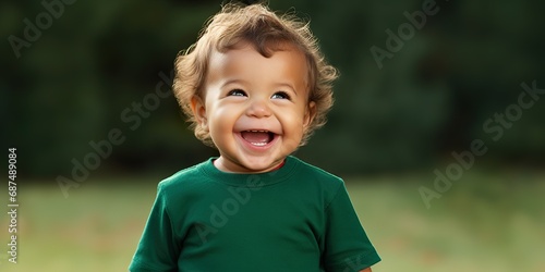 Toddler winking and pointing sideways, on a festive green studio backdrop