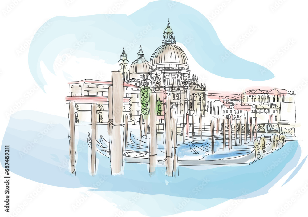 Obraz premium Basilica of Santa Maria Della Salud, Venice, vector illustration for travel magazine post card, calendar