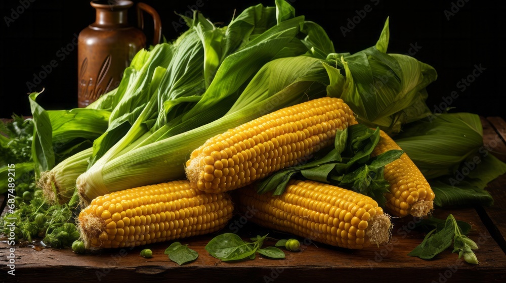 Uncooked fresh sweet corn displayed on a wooden plan Uncooked fresh sweet corn displayed on a wooden plan
