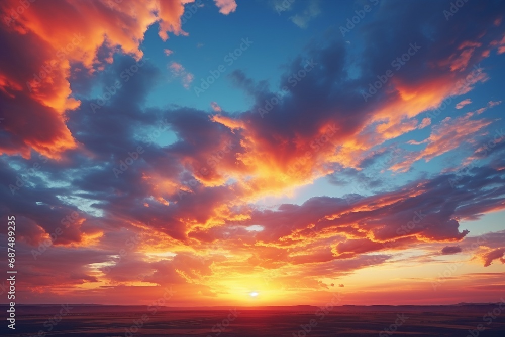 A dramatic orange and pink clouds formation over a flat, barren desert landscape, lit by the setting sun, creating an awe-inspiring mood. Created with generative AI tools A dramatic orange and pink clouds formation over a flat, barren desert landscape, lit by the setting sun, creating an awe-inspiring mood. Created with generative AI tools