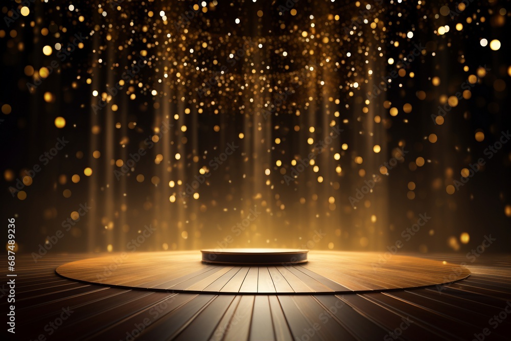 A podium on a wooden stage, surrounded by floating golden particles against a black background, exudes a festive, celebratory mood. Created with generative AI tools