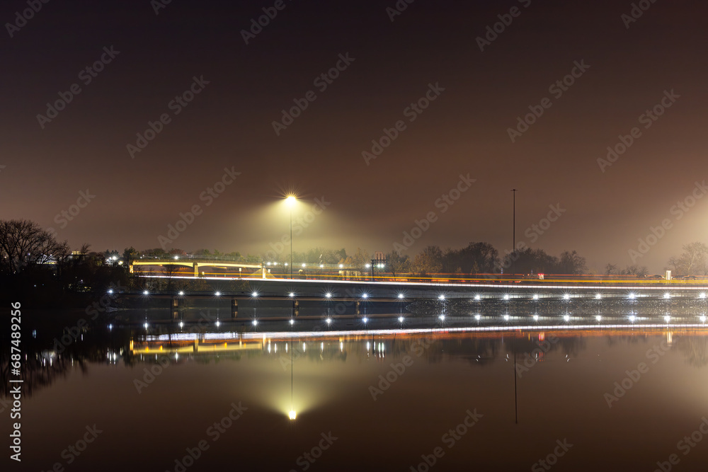 Washington DC USA A night view of the Woodrow Wilson Memorial Bridge over the Potomac River and the 495 Interstate on a foggy night