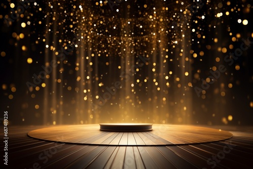 A podium on a wooden stage, surrounded by floating golden particles against a black background, exudes a festive, celebratory mood. Created with generative AI tools