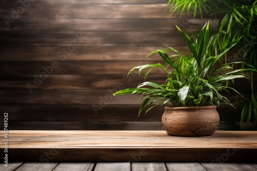 The wooden platform complements the greenery of the plant in the background. Created with generative AI tools