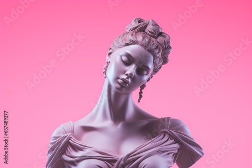 A graceful Greek woman statue on a gentle pink background. Created with generative AI tools