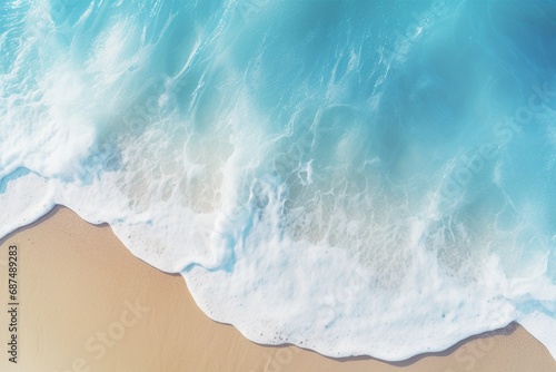 An abstract sandy beach is bathed in the transparent hues of light blue waves, complemented by the sun's warm rays—a picturesque summer vacation background concept. Created with generative AI tools