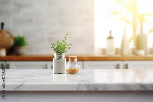 A blurred kitchen environment forms the backdrop for a marble counter table top, which is an excellent platform for showcasing products or designing layouts. Created with generative AI tools