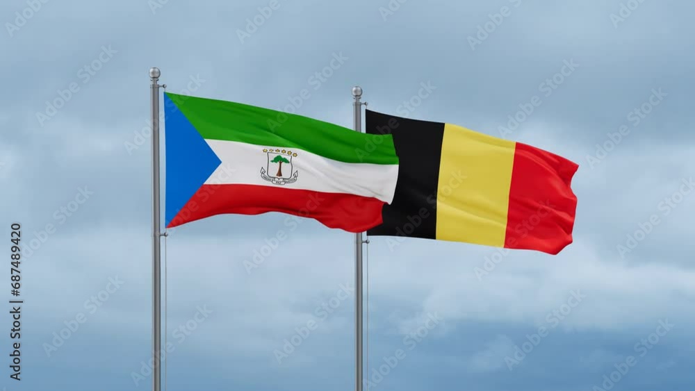 Belgium flag and Equatorial Guinea flag waving together on cloudy sky, endless seamless loop, two country relations concept Belgium flag and Equatorial Guinea flag waving together on cloudy sky, endless seamless loop, two country relations concept