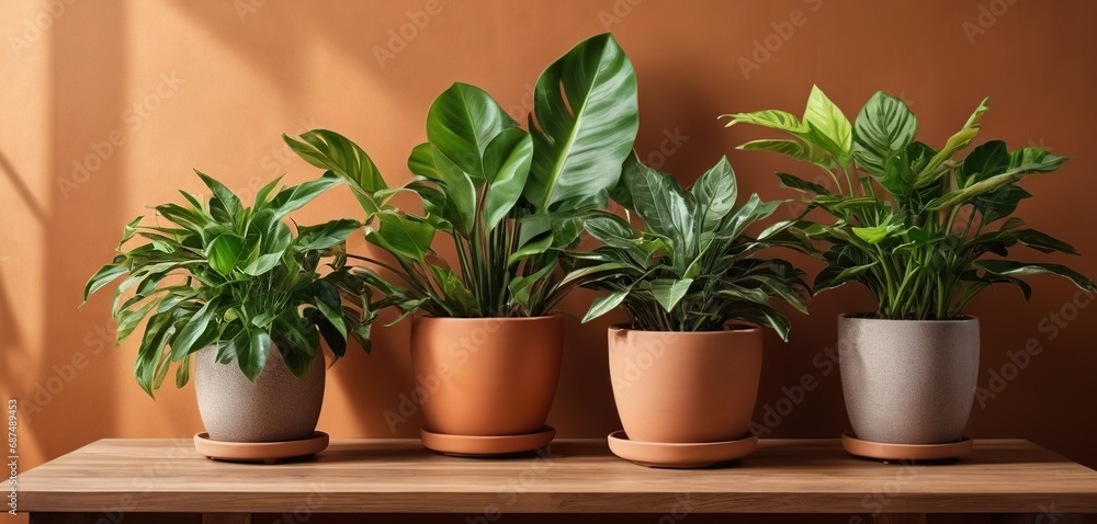 Potted plants on a wooden table against a green wall with copy space