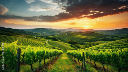 Extra wide panoramic shot of summer vineyard shot at sunset