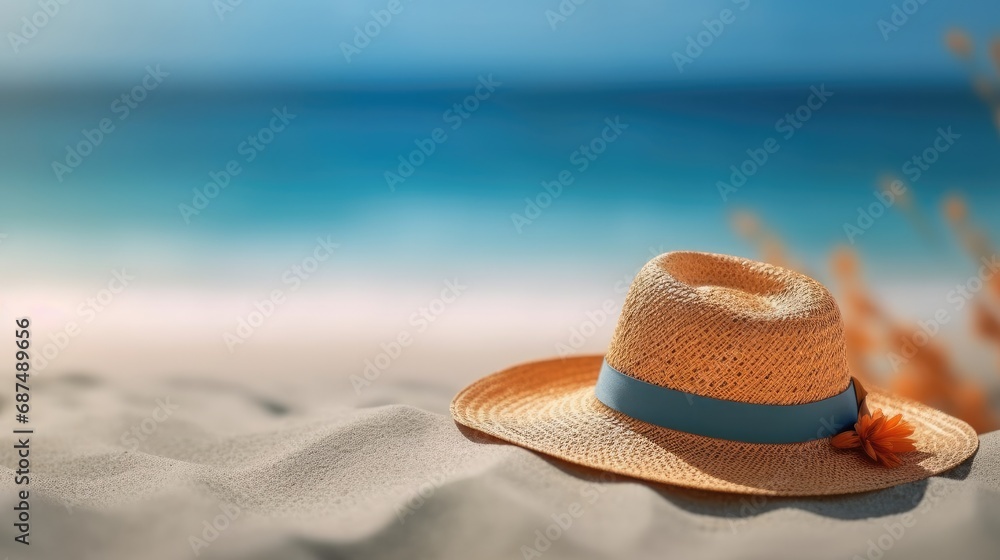Straw hat on the beach close-up, summer background.  - obrazy, fototapety, plakaty 