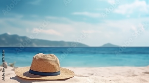 Summer composition on sandy beach with hat at blue sea as background. Summer vacation concept. photo