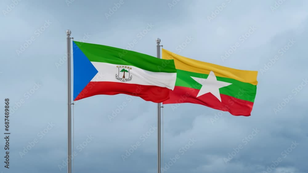 Myanmar aka Burma flag and Equatorial Guinea flag waving together on cloudy sky, endless seamless loop, two country relations concept Myanmar aka Burma flag and Equatorial Guinea flag waving together on cloudy sky, endless seamless loop, two country relations concept