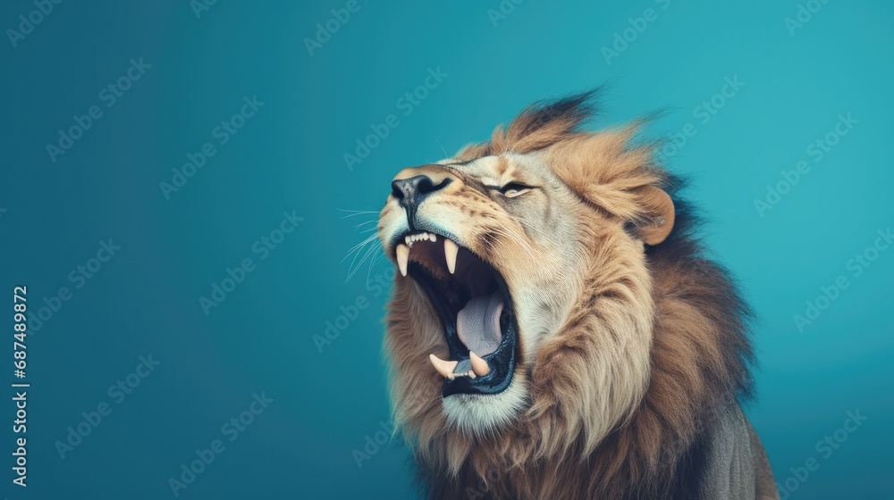Lion Roaring On Blue Background 