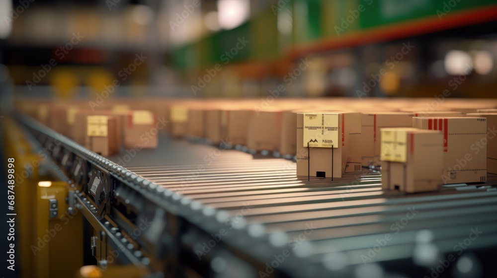 Multiple cardboard boxes moving on a conveyor belt in a warehouse, delivery of e-commerce delivery, automation and products. Multiple cardboard boxes moving on a conveyor belt in a warehouse, delivery of e-commerce delivery, automation and products.