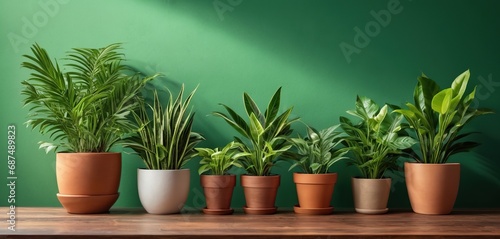 Potted plants on a wooden table against a green wall with copy space