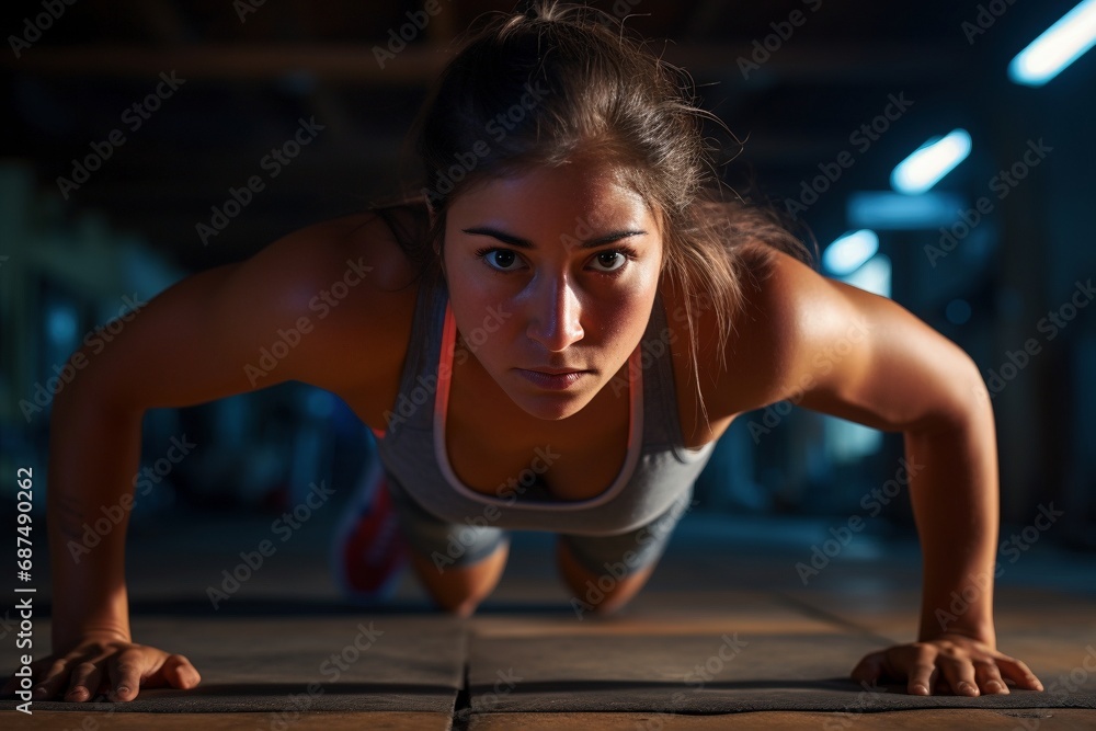 Fototapeta premium Exemplifying Perseverance: Young Woman's Face Reflects Determination and Vitality in Intense Gym Workout