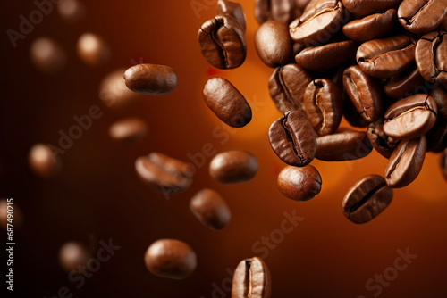 Flying coffee beans on dark brown background with copy space. Close up