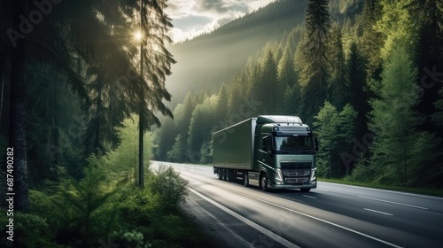 Photo green truck on the long road with beautiful dark forest summer in morning, Generative Ai