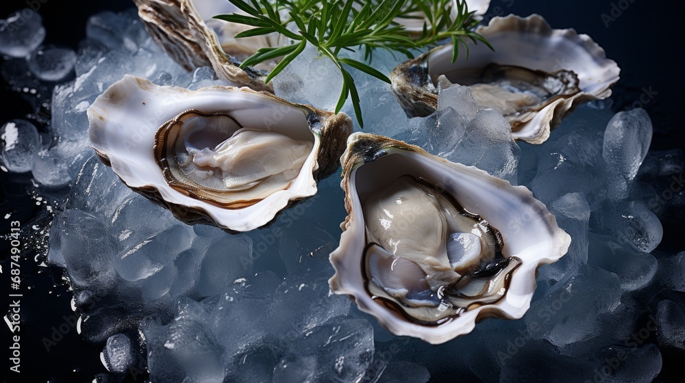 Freshly opened oyster on crushed ice viewed from