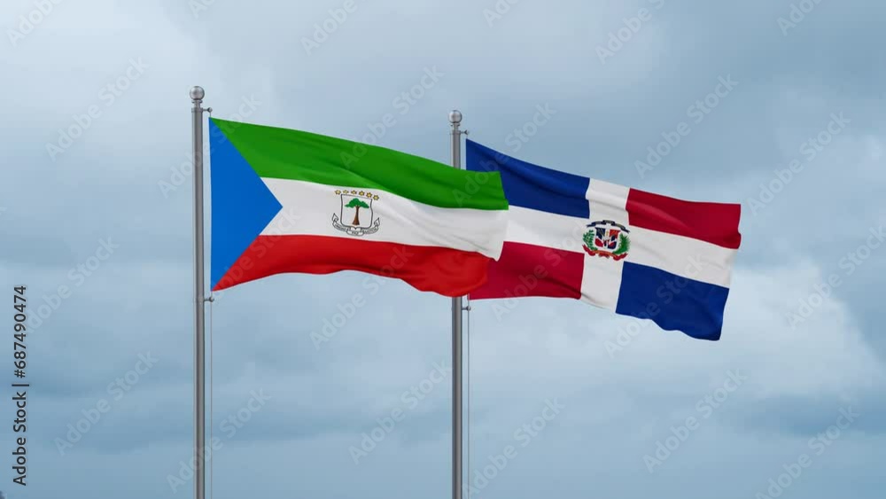 Dominican Republic flag and Equatorial Guinea flag waving together on cloudy sky, endless seamless loop, two country relations concept Dominican Republic flag and Equatorial Guinea flag waving together on cloudy sky, endless seamless loop, two country relations concept