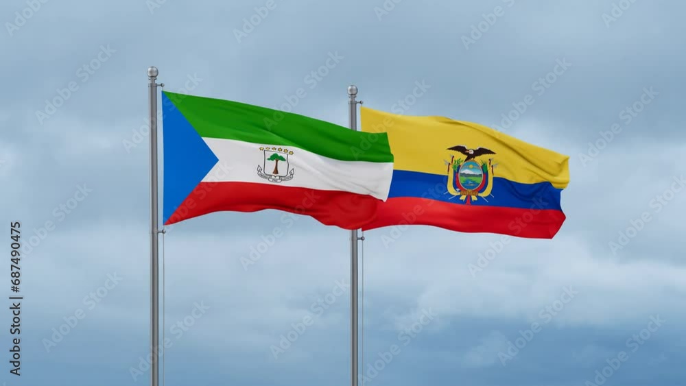 Ecuador flag and Equatorial Guinea flag waving together on cloudy sky, endless seamless loop, two country relations concept Ecuador flag and Equatorial Guinea flag waving together on cloudy sky, endless seamless loop, two country relations concept