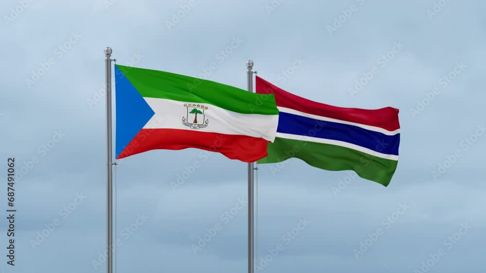 Gambia flag and Equatorial Guinea flag waving together on cloudy sky, endless seamless loop, two country relations concept Gambia flag and Equatorial Guinea flag waving together on cloudy sky, endless seamless loop, two country relations concept