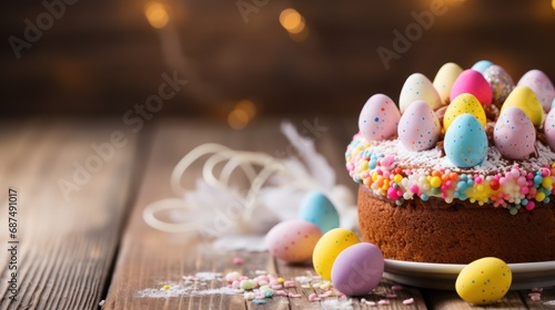 Easter cake along with multi-colored painted eggs. Traditional Easter spring food on wooden background photo