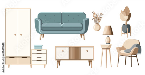 Set of furniture elements: sofa, closet, armchair, dresser, console table and houseplants. Flat style vector illustration isolated on white background in eps 10