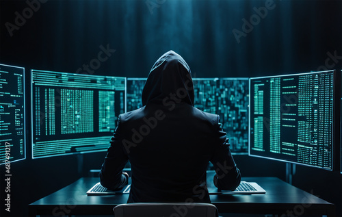 The hacker is working on a computer in black clothes, the face is not visible	 photo