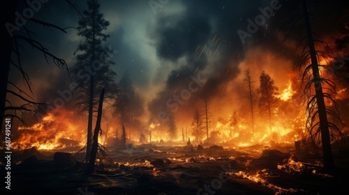 Intense flames engulfing a massive forest fire