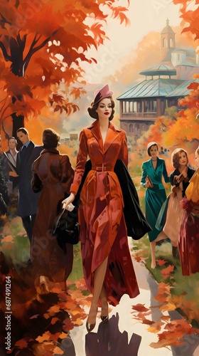 fashion show set in an autumnal park