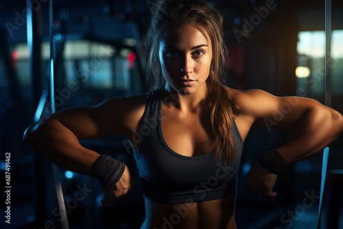 Exemplifying Determination: Close-Up of a Young Woman Reflecting Fierce Vitality in Gym Workout