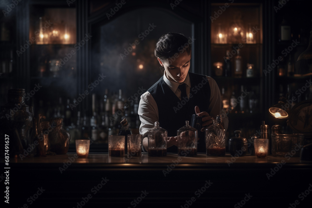 Bartender in a luxury hotel, skillfully preparing a signature cocktail behind a lavishly decorated bar counter