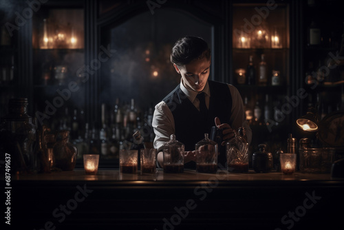 Bartender in a luxury hotel, skillfully preparing a signature cocktail behind a lavishly decorated bar counter