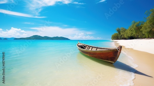 Canoe on the tropical sandy beach. Beautiful summer landscape of tropical island with boat in ocean. Transition of sandy beach into turquoise water.  photo