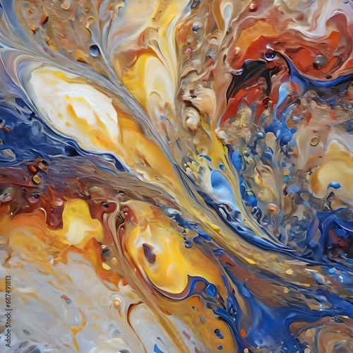 A visually mesmerizing representation of fluid dynamics, using abstract shapes and vibrant colors to convey the beauty of liquid movement