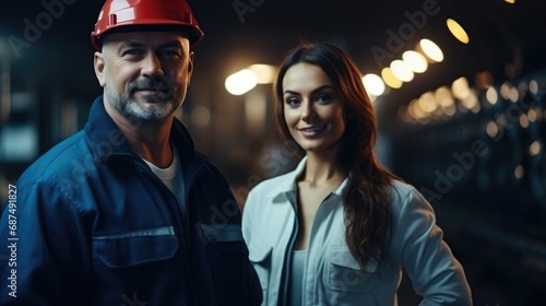 man engineer with woman in uniform working and check outside factory of Large oil pipeline and gas pipeline in the process of oil refining and the movement of oil and gas, Generative AI