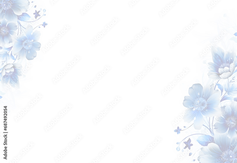 flower vine empty greeting card template, blue, white color, frame border on white background.