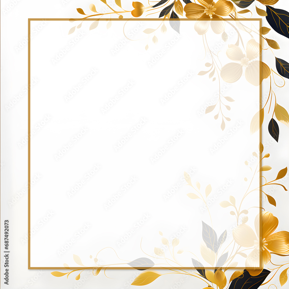 flower vine empty greeting card template,Gold, white color, frame border on white background.