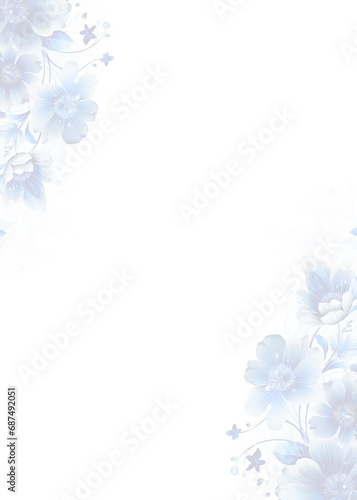 flower vine empty greeting card template, blue, white color, frame border on white background.