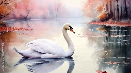watercolor of swan gliding on a lake photo